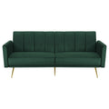 Green velvet sofa with vertical quilting, track armrests, metal legs on white background