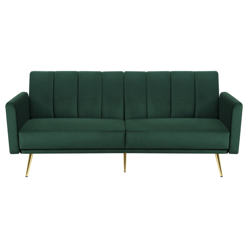 Green velvet sofa with vertical quilting, track armrests, metal legs on white background