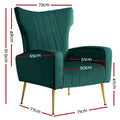 Green velvet wingback armchair dimensions diagram: 73cm wide, 91.5cm tall, 77cm deep, seat height 41cm