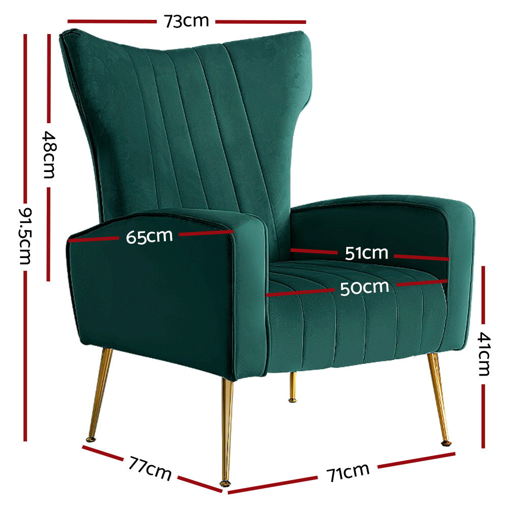 Green velvet wingback armchair dimensions diagram: 73cm wide, 91.5cm tall, 77cm deep, seat height 41cm