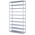 Grey 10-tier fabric open shoe rack angle view empty on white background