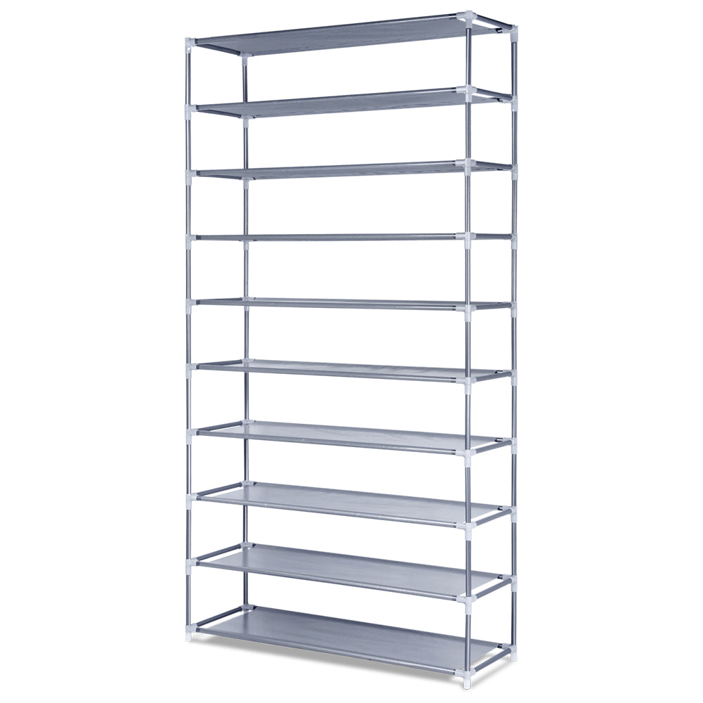 Grey 10-tier fabric open shoe rack angle view empty on white background