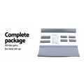 Grey shoe rack complete package parts laid out including metal rods plastic connectors and grey fabric shelf panels