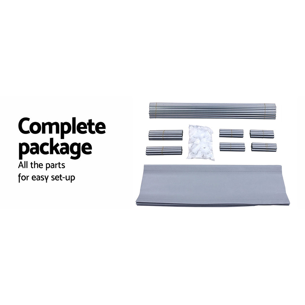 Grey shoe rack complete package parts laid out including metal rods plastic connectors and grey fabric shelf panels