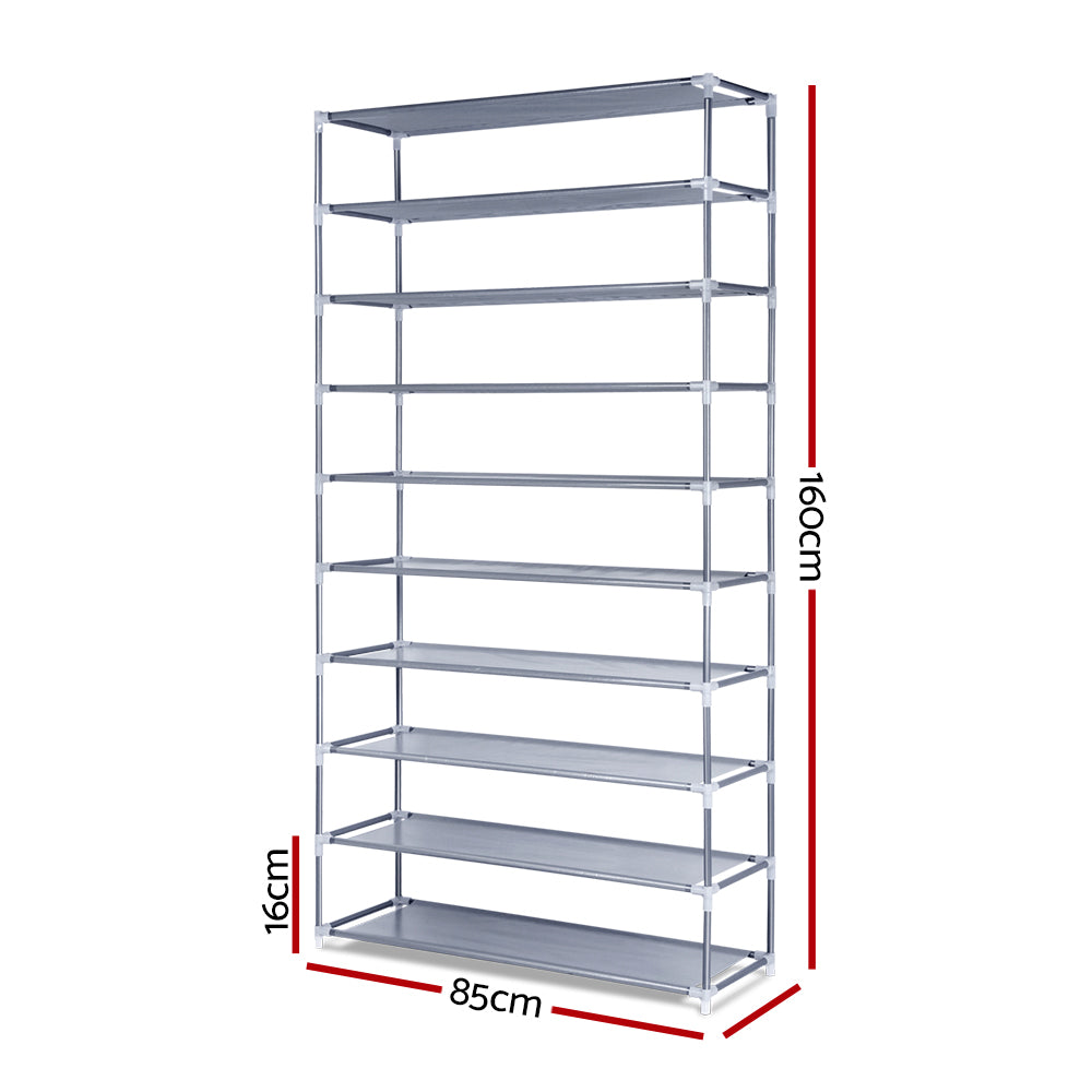 Grey 10-tier shoe rack dimension diagram 160cm height 85cm width 16cm shelf spacing