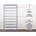 Grey 10-tier shoe rack features callouts showing durable metal frame sturdy plastic connectors and non-woven fabric
