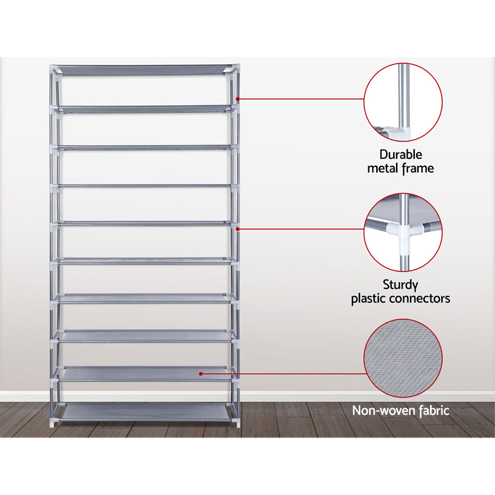 Grey 10-tier shoe rack features callouts showing durable metal frame sturdy plastic connectors and non-woven fabric