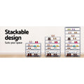 Stackable design infographic showing grey shoe rack in 4-tier 7-tier and 10-tier configurations with shoes loaded