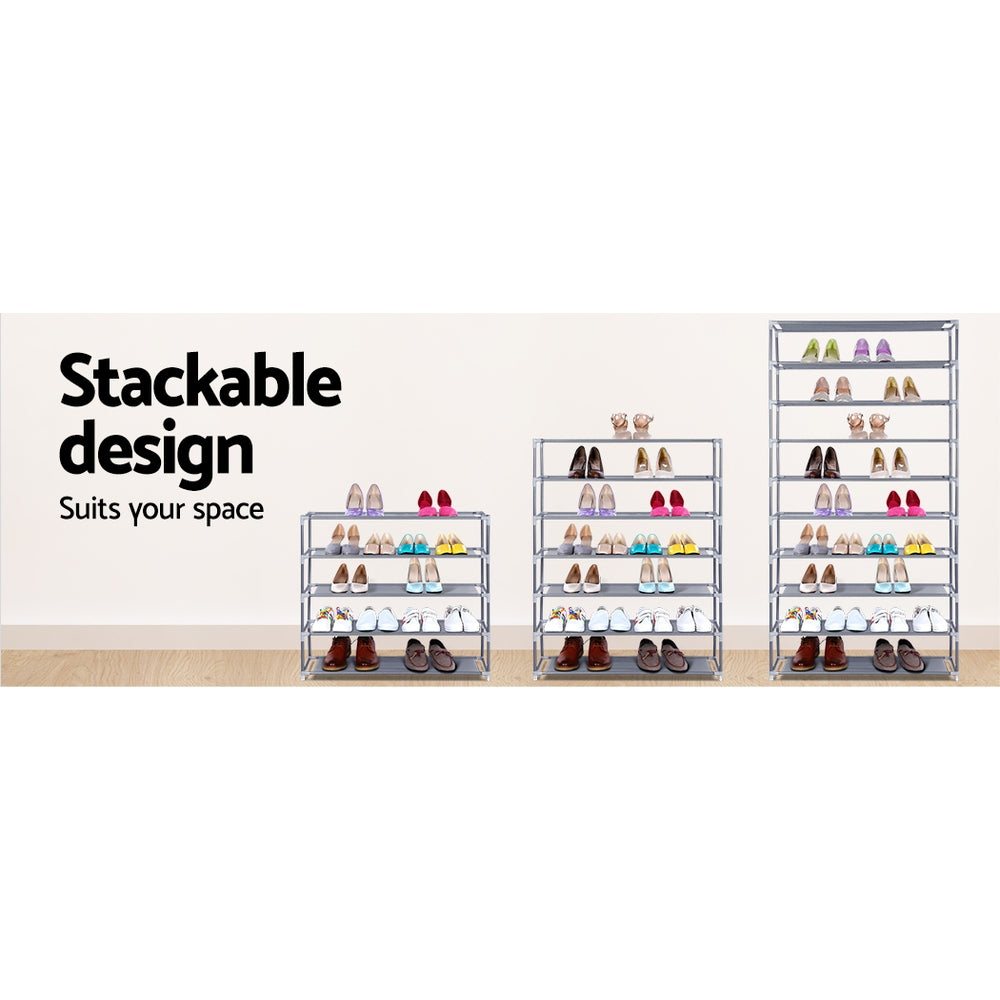 Stackable design infographic showing grey shoe rack in 4-tier 7-tier and 10-tier configurations with shoes loaded