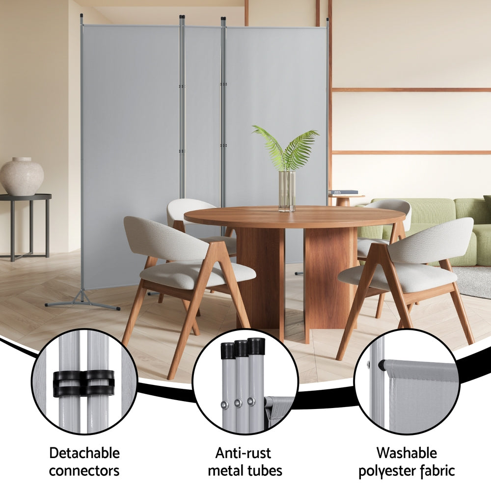 Grey 3-panel room divider dining room with detachable connectors anti-rust tubes and washable fabric callouts