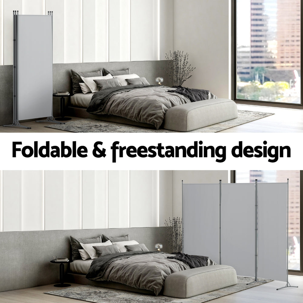 Grey 3-panel room divider foldable freestanding design showing single panel and folded zigzag in bedroom