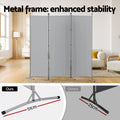 Grey 3-panel room divider metal frame enhanced stability lifestyle with 51cm base vs competitor 25cm base comparison