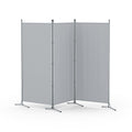 Grey 3-panel fabric room divider on white background zigzag configuration with silver metal frame and X-base feet