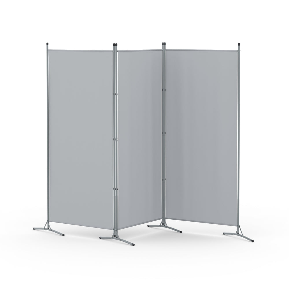 Grey 3-panel fabric room divider on white background zigzag configuration with silver metal frame and X-base feet
