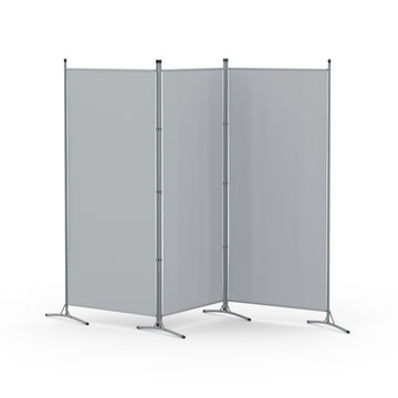 Grey 3-panel fabric room divider on white background zigzag configuration with silver metal frame and X-base feet