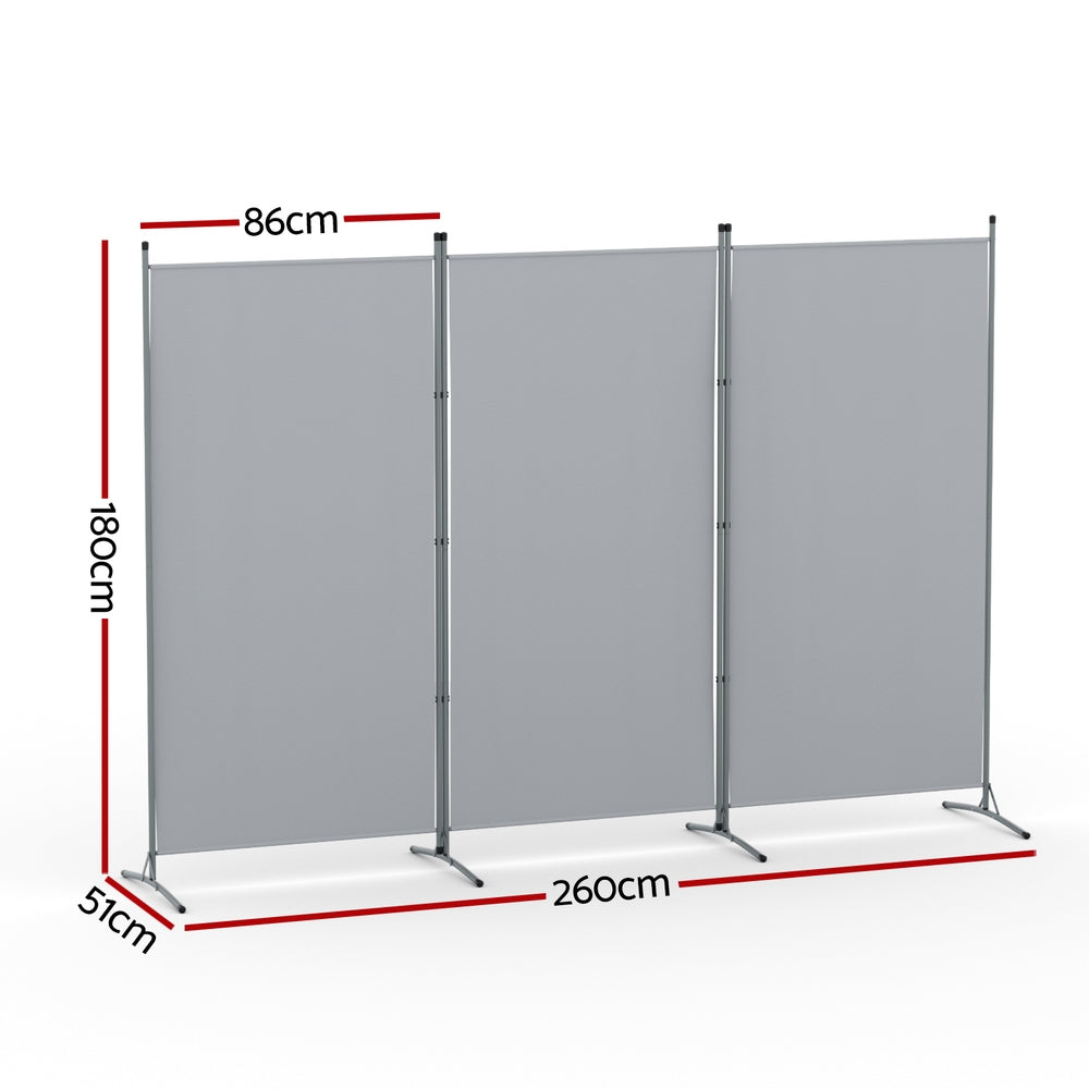 Grey 3-panel room divider dimension diagram 86cm panel width 180cm height 260cm total width and 51cm depth on white