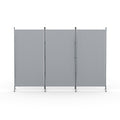Grey 3-panel fabric room divider front view on white background three flat panels with silver metal frame and X-base feet
