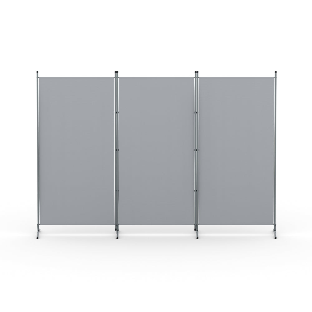 Grey 3-panel fabric room divider front view on white background three flat panels with silver metal frame and X-base feet