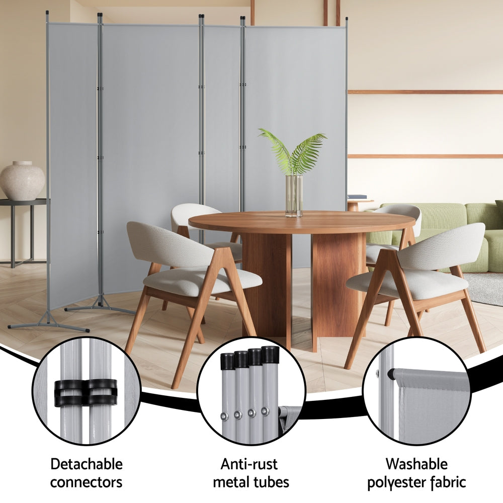 Grey 4-panel room divider dining room with detachable connectors anti-rust metal tubes and washable fabric callouts