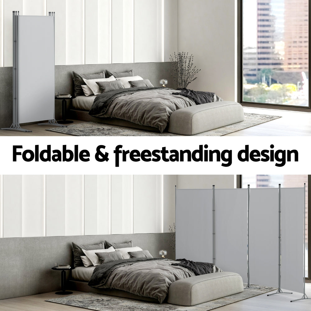 Grey 4-panel room divider foldable freestanding design showing single panel and folded zigzag in bedroom