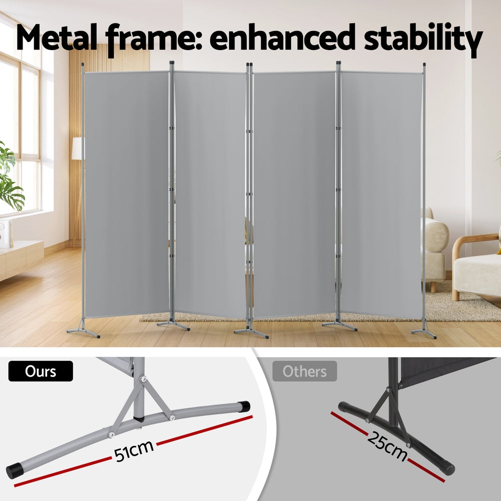 Grey 4-panel room divider metal frame enhanced stability lifestyle with 51cm base vs competitor 25cm base comparison