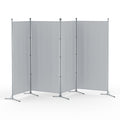 Grey 4-panel fabric room divider on white background zigzag configuration with silver metal frame and X-base feet