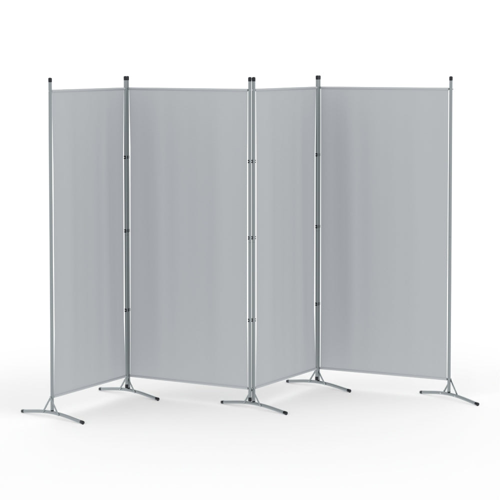 Grey 4-panel fabric room divider on white background zigzag configuration with silver metal frame and X-base feet