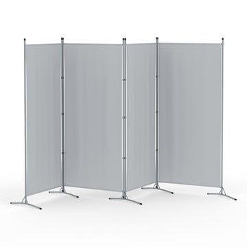 Grey 4-panel fabric room divider on white background zigzag configuration with silver metal frame and X-base feet