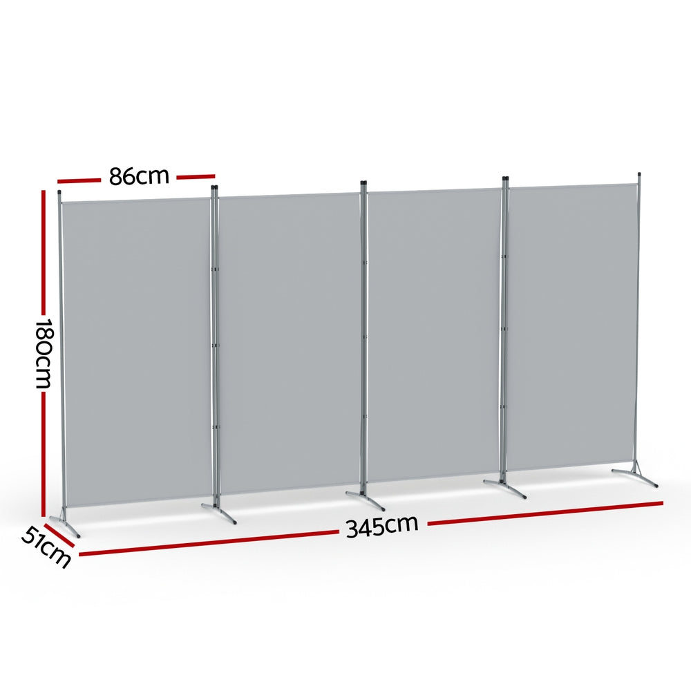 Grey 4-panel fabric room divider on white background zigzag configuration with silver metal frame and X-base feet
