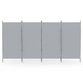 Grey 4-panel fabric room divider front view on white background four flat panels with silver metal frame and X-base feet