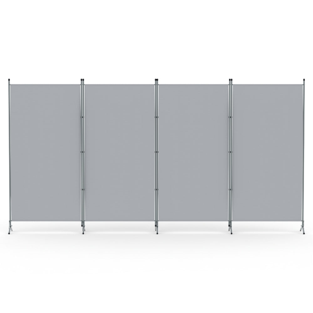 Grey 4-panel fabric room divider front view on white background four flat panels with silver metal frame and X-base feet