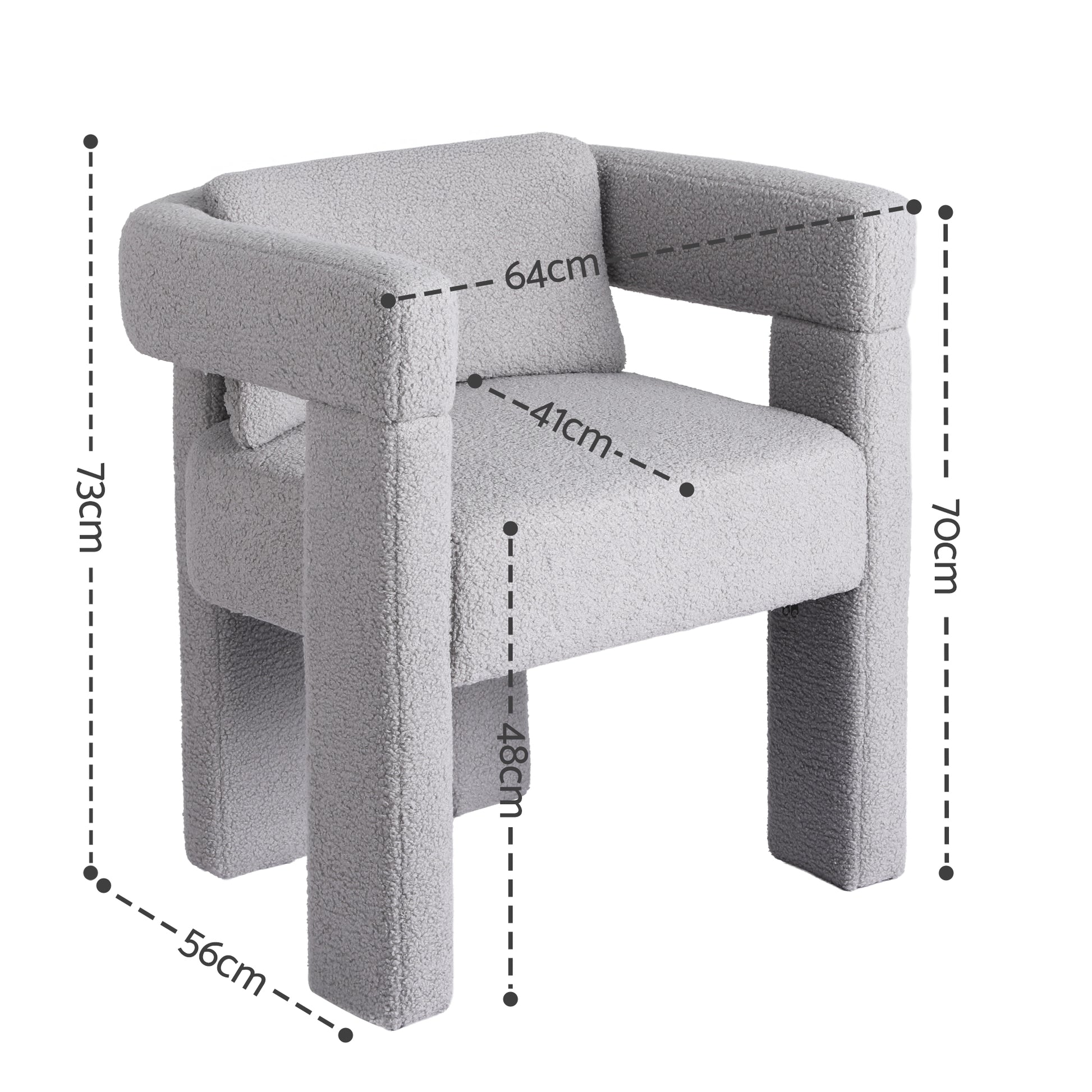 Grey boucle armchair with thick column legs, open back slot and flat wraparound arms, angle view on white background