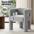 Grey boucle armchair in bright room, detail insets: removable cushion, pine wood legs, anti-slip floor protectors