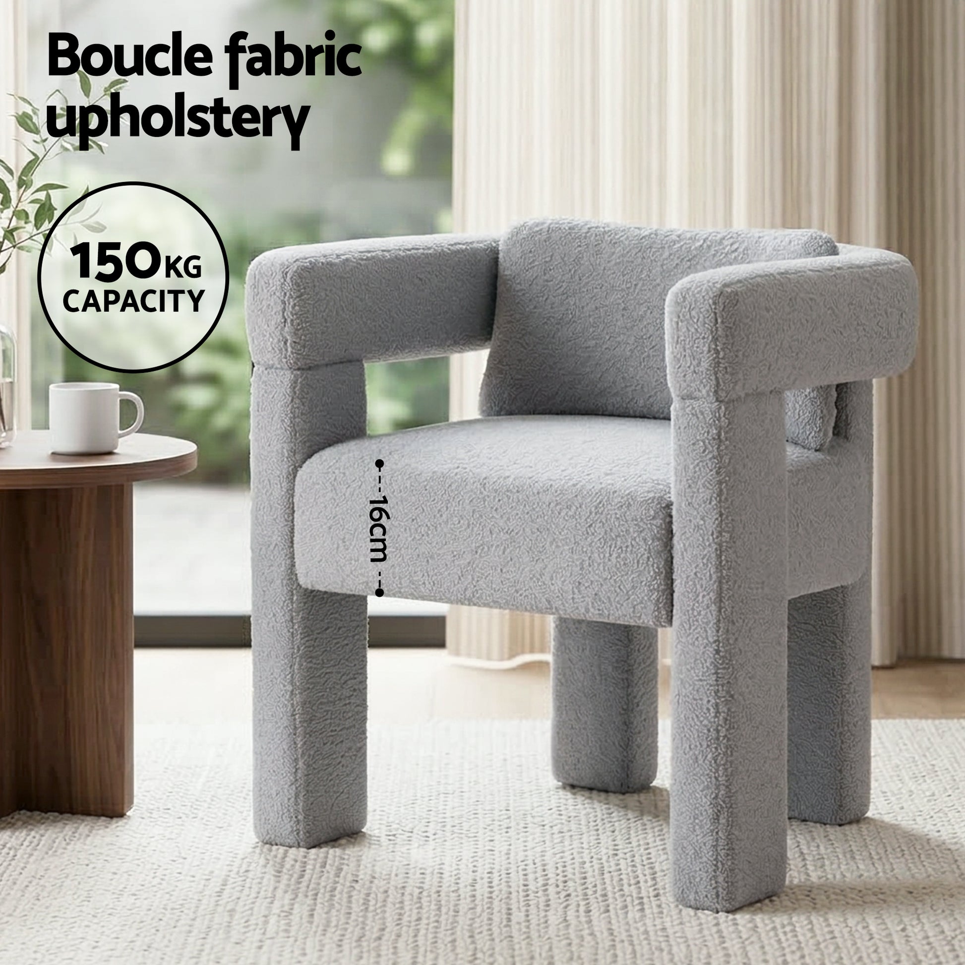 Grey boucle armchair in bright room, detail insets: removable cushion, pine wood legs, anti-slip floor protectors