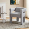 Dimensions of grey boucle armchair with column legs: 73H 70cm, 56W cm, back 64cm, seat 41W 48D cm