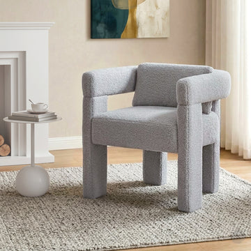 Dimensions of grey boucle armchair with column legs: 73H 70cm, 56W cm, back 64cm, seat 41W 48D cm