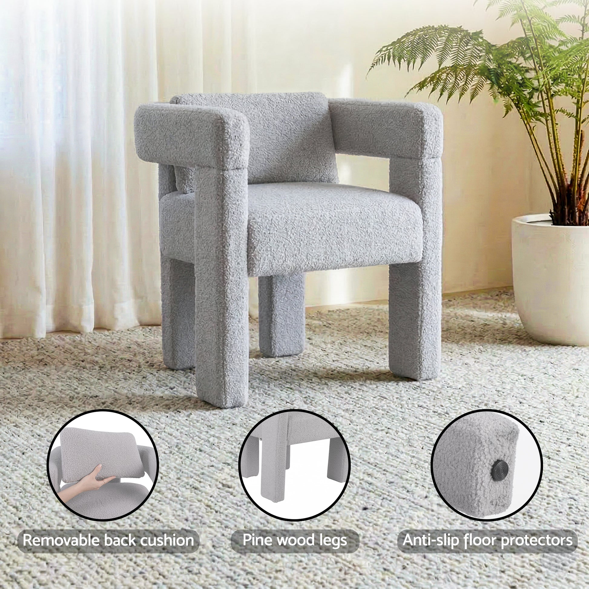 Grey boucle armchair room usage composite: bedroom, balcony, study room, and living room insets, text: Fits every space