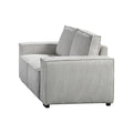 Side view of light grey ribbed corduroy 3-seater sofa showing vertical texture and two cushions