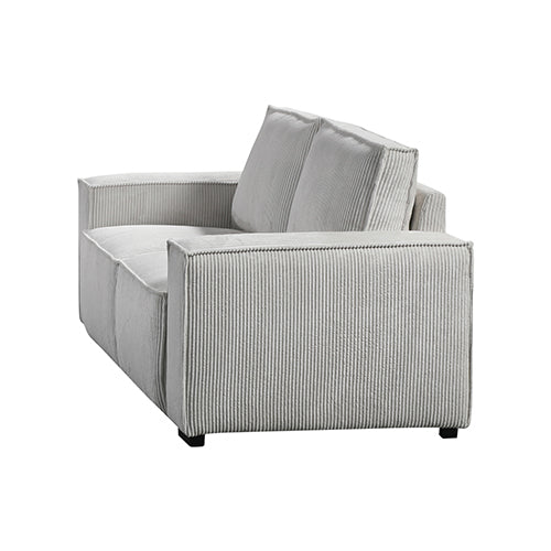 Side view of light grey ribbed corduroy 3-seater sofa showing vertical texture and two cushions