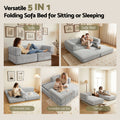 Grey corduroy folding sofa bed 5-in-1 configuration infographic showing sofa, sofa bed, lounger and convertible modes