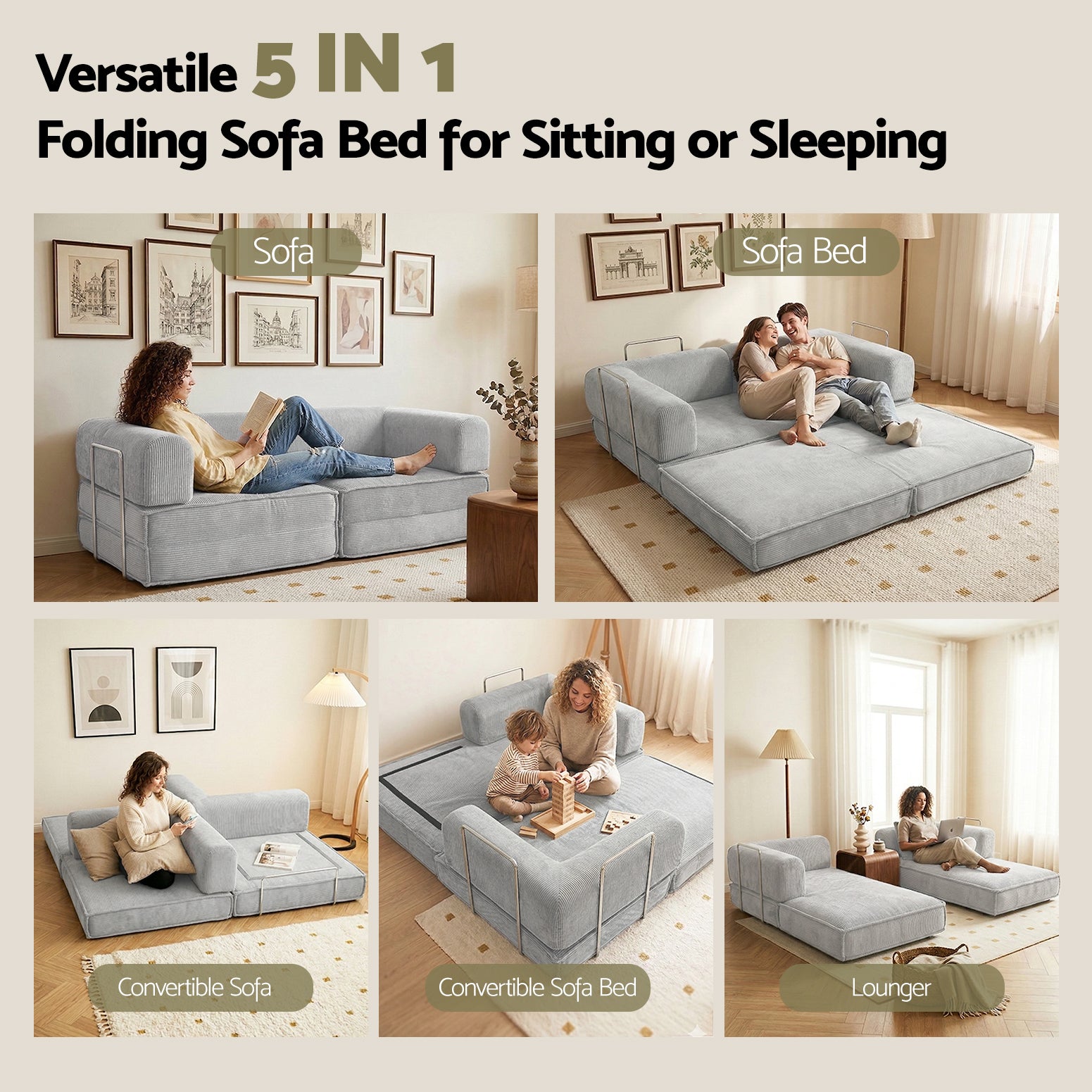 Grey corduroy folding sofa bed 5-in-1 configuration infographic showing sofa, sofa bed, lounger and convertible modes