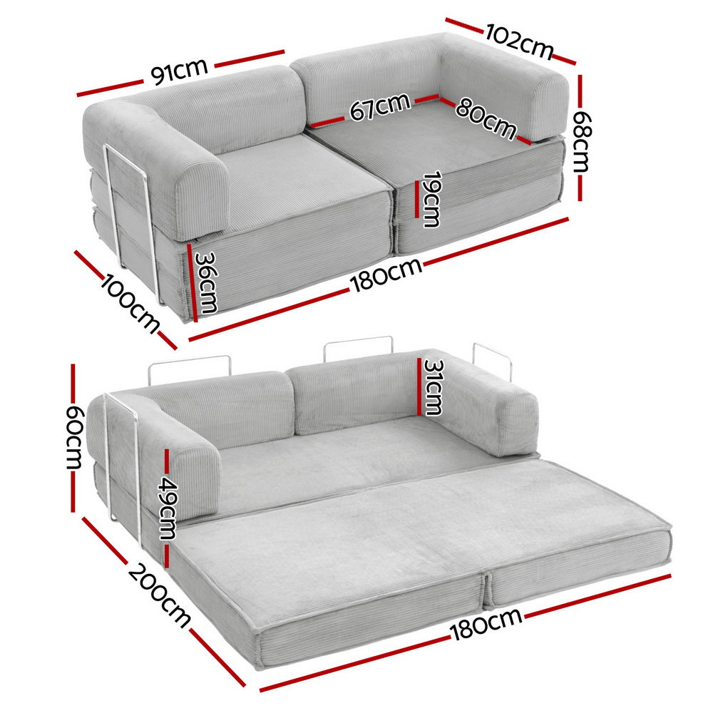 Grey corduroy folding sofa bed dimensions diagram showing 180cm width 68cm height and 200cm bed length