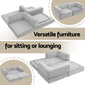 Grey corduroy folding sofa bed feature infographic showing versatile sitting and lounging configurations