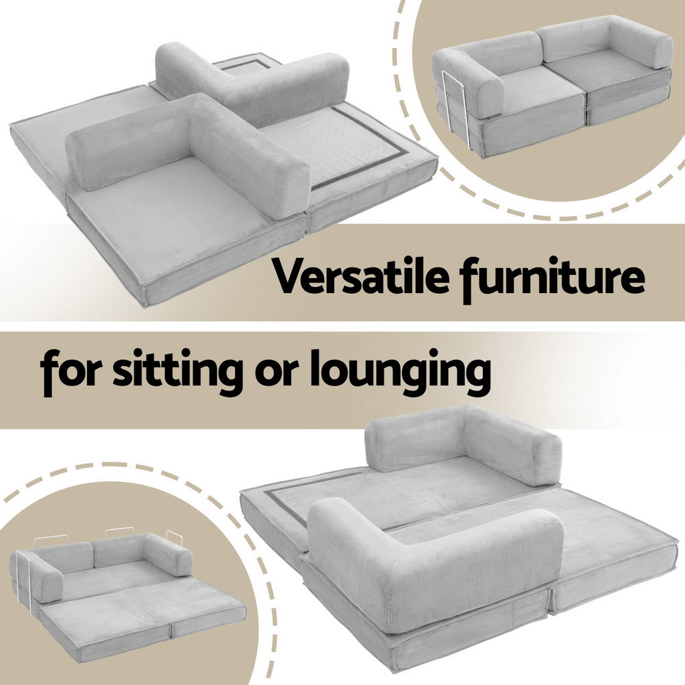 Grey corduroy folding sofa bed feature infographic showing versatile sitting and lounging configurations