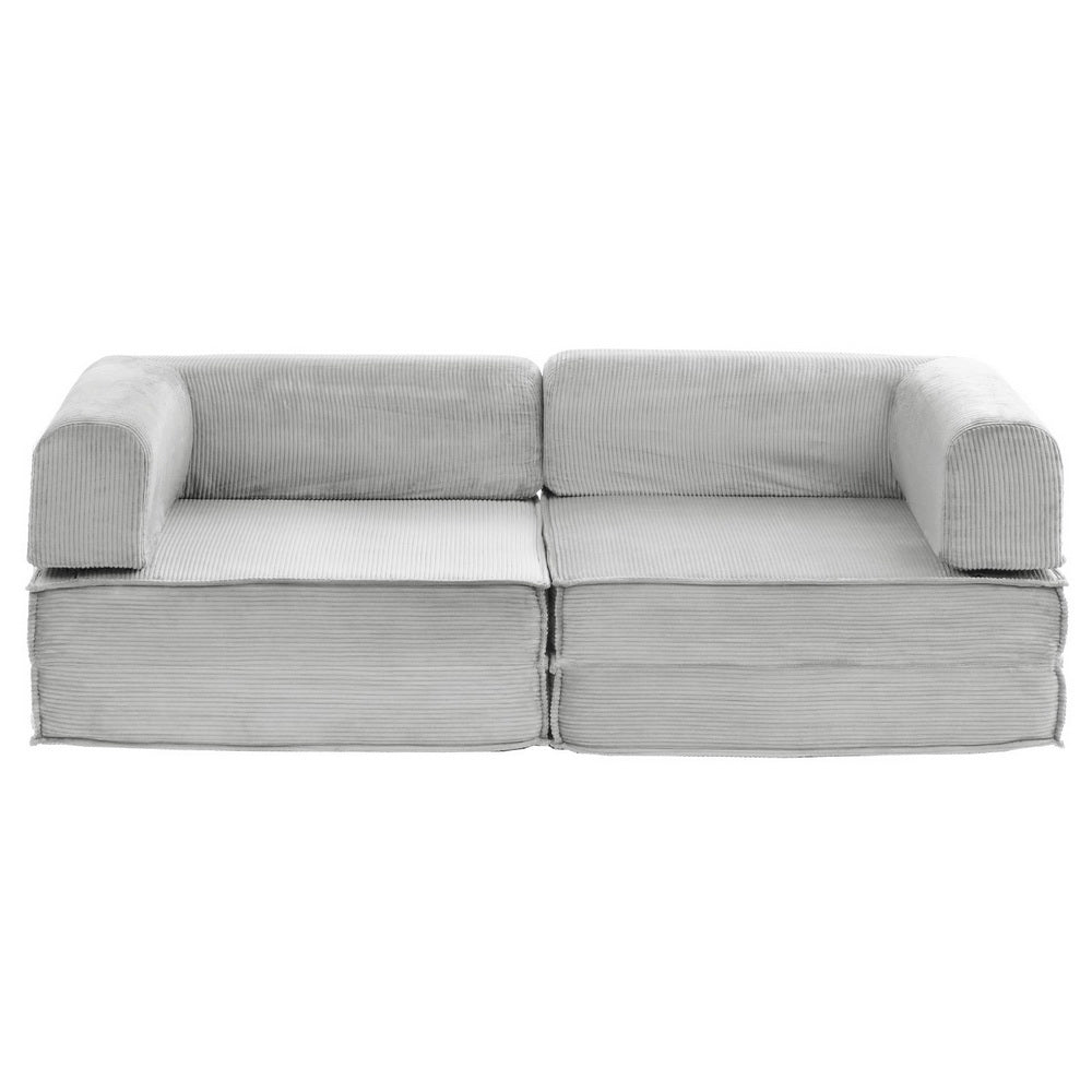 Grey corduroy 2-seater folding sofa bed in sofa configuration front view on white background