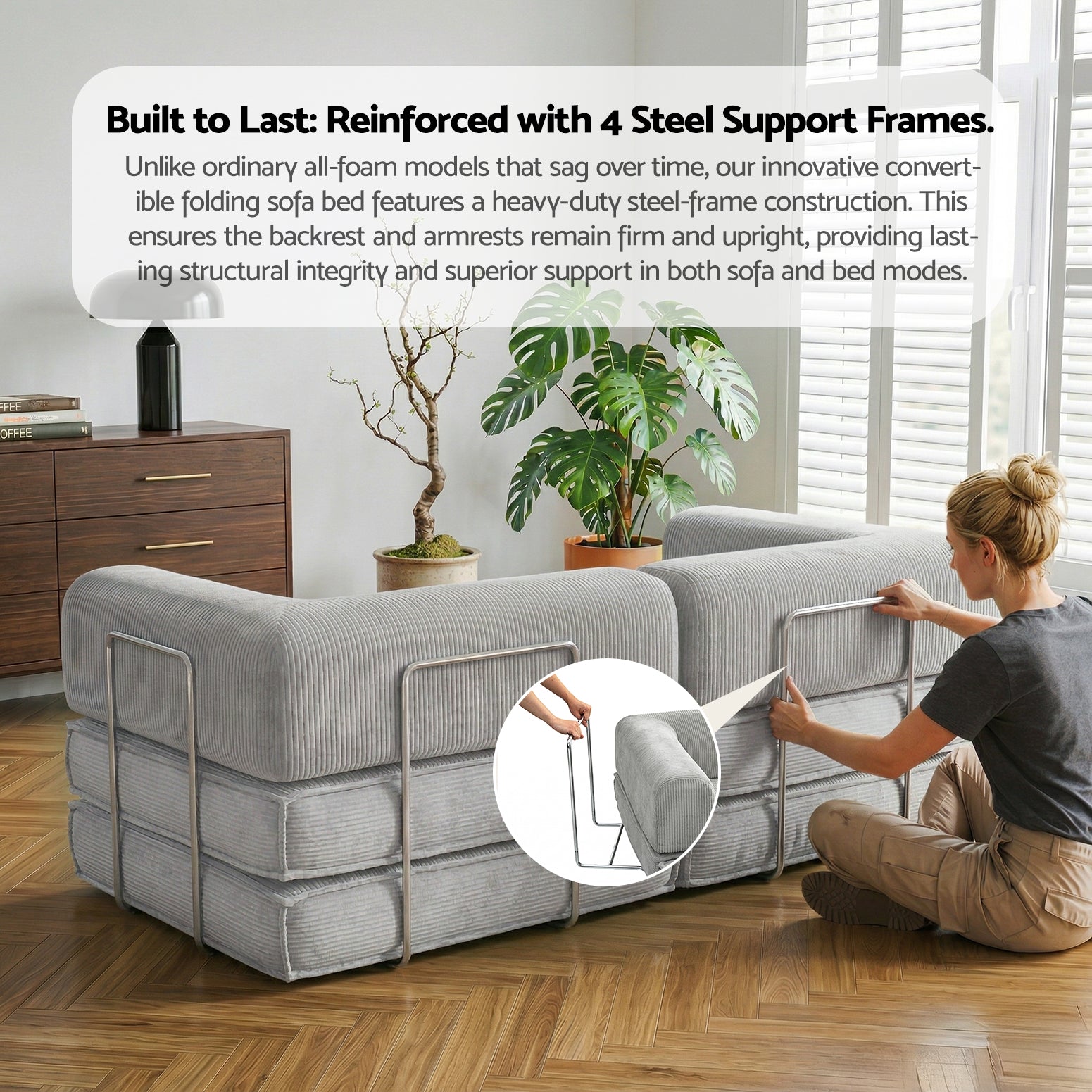 Grey corduroy folding sofa bed with woman assembling and text showing reinforced 4 steel support frame construction