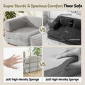 Grey corduroy folding sofa bed comparison infographic showing 30D high-density sponge and deep seat dimensions vs competitor