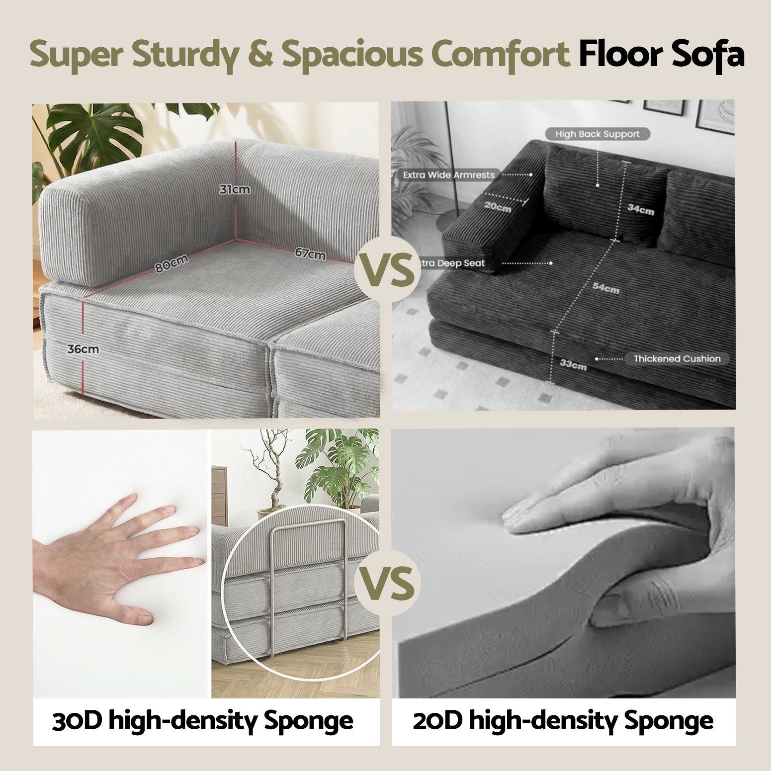 Grey corduroy folding sofa bed comparison infographic showing 30D high-density sponge and deep seat dimensions vs competitor