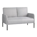 Light grey fabric 2-seater sofa with two back cushions and black metal legs, three-quarter angle view on white background