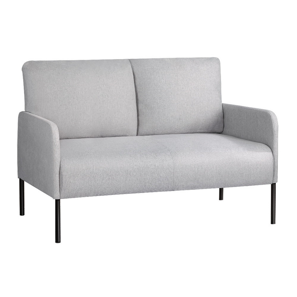 Light grey fabric 2-seater sofa with two back cushions and black metal legs, three-quarter angle view on white background
